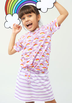 Lilac And Multicolor Rainbow Print T-shirt with Striped skirt co-ord Set