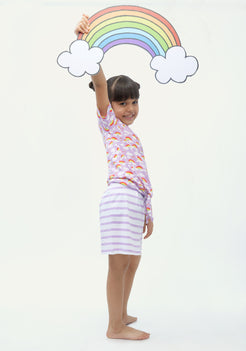 Lilac And Multicolor Rainbow Print T-shirt with Striped skirt co-ord Set