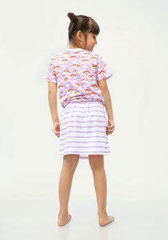 Lilac And Multicolor Rainbow Print T-shirt with Striped skirt co-ord Set