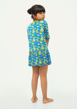 BLUE, YELLOW AND GREEN SAFARI PRINT FIT AND FLARED DRESS