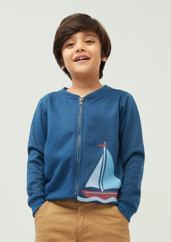 Blue Fleece Bomber Jacket with Boat Print