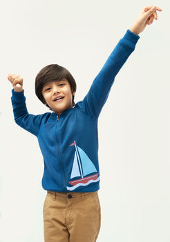 Blue Fleece Bomber Jacket with Boat Print