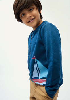 Blue Fleece Bomber Jacket with Boat Print