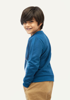 Blue Fleece Bomber Jacket with Boat Print