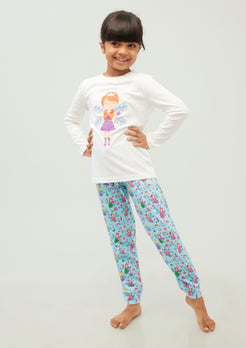 BLUE AND MULTICOLOR FAIRIES PRINT Tees + Track Pants