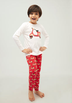 RED, BLACK AND YELLOW SCOOTER PRINT Long sleeve tee plus pant in knit