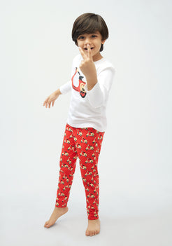 RED, BLACK AND YELLOW SCOOTER PRINT Long sleeve tee plus pant in knit