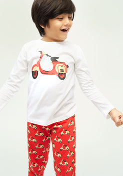 RED, BLACK AND YELLOW SCOOTER PRINT Long sleeve tee plus pant in knit