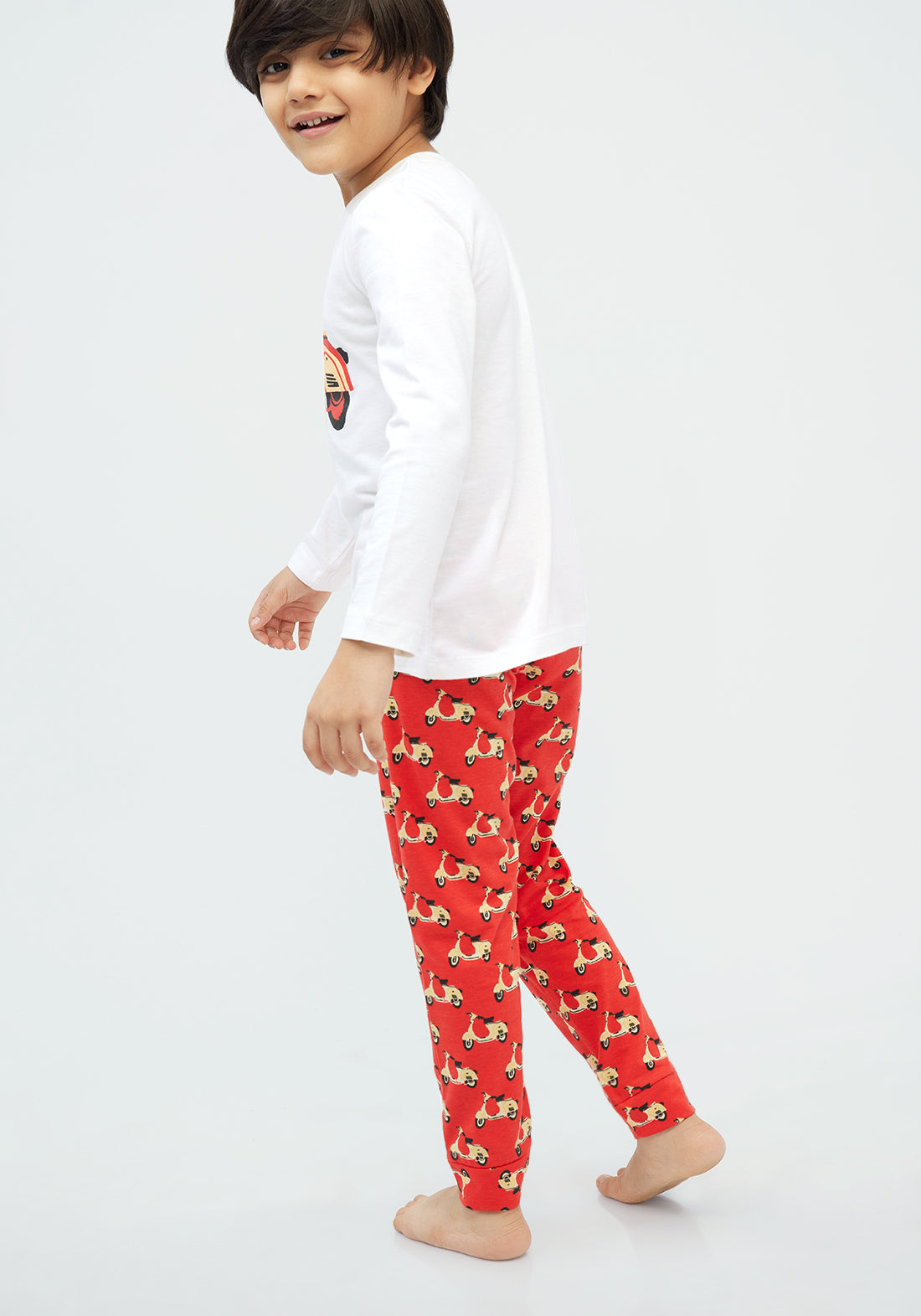 RED, BLACK AND YELLOW SCOOTER PRINT Long sleeve tee plus pant in knit