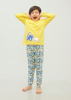 BLUE, BLACK AND YELLOW CONSTRUCTION PRINT Long sleeve tee plus pant in knit