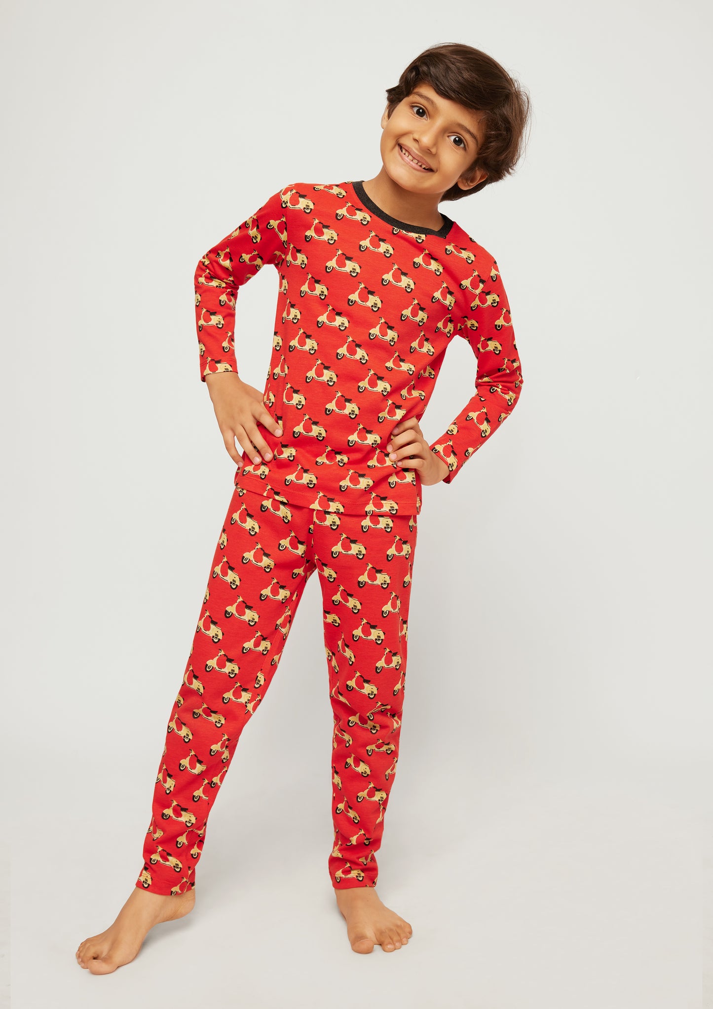 RED, YELLOW AND BLACK SCOOTER PRINT LONG SLEEVE PAJAMA SET