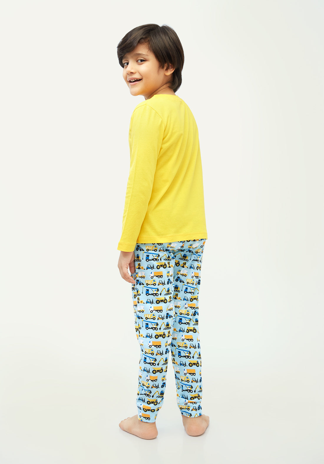BLUE, BLACK AND YELLOW CONSTRUCTION PRINT Long sleeve tee plus pant in knit