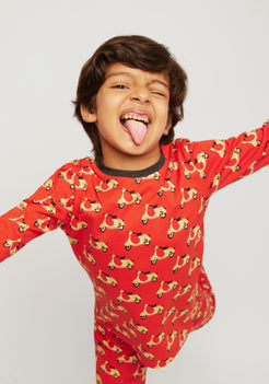 RED, YELLOW AND BLACK SCOOTER PRINT LONG SLEEVE PAJAMA SET