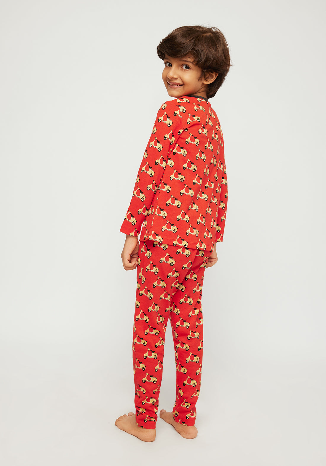 RED, YELLOW AND BLACK SCOOTER PRINT LONG SLEEVE PAJAMA SET