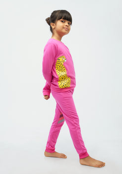 Hot Pink Terry Sweatshirt with Leopard Print