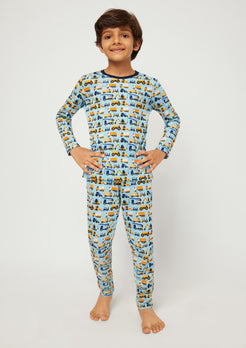 BLUE, YELLOW AND BLACK CONSTRUCTION PRINT LONG SLEEVE PAJAMA SET