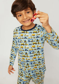 BLUE, YELLOW AND BLACK CONSTRUCTION PRINT LONG SLEEVE PAJAMA SET