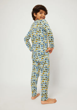 BLUE, YELLOW AND BLACK CONSTRUCTION PRINT LONG SLEEVE PAJAMA SET