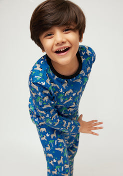 WHITE, BLACK AND BLUE ZEBRA PRINT LONG SLEEVE PAJAMA SET