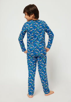 WHITE, BLACK AND BLUE ZEBRA PRINT LONG SLEEVE PAJAMA SET