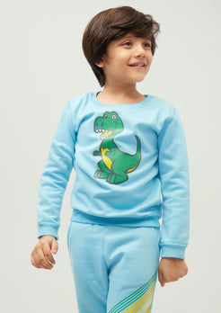 Aqua Blue Fleece Sweatshirt with Dino Print
