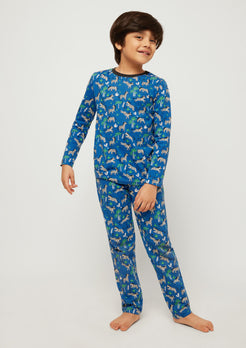 WHITE, BLACK AND BLUE ZEBRA PRINT LONG SLEEVE PAJAMA SET