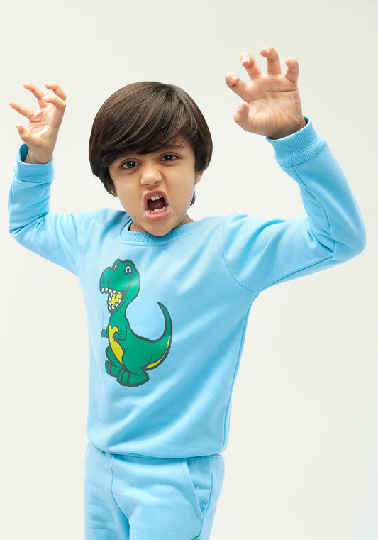 Aqua Blue Fleece Sweatshirt with Dino Print