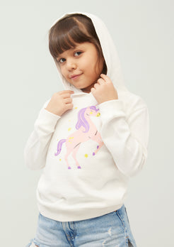 White Terry Hoodie with Unicorn Print
