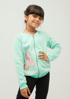 Aqua Fleece Bomber Jacket with Unicorn Print