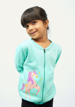 Aqua Fleece Bomber Jacket with Unicorn Print