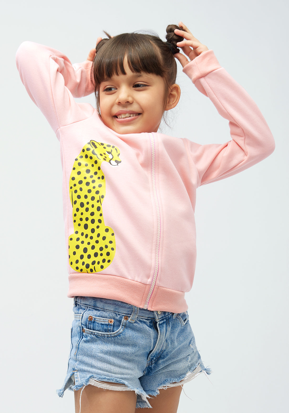 Baby Pink Fleece Bomber Jacket with Leopard Print