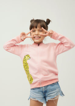Baby Pink Fleece Bomber Jacket with Leopard Print