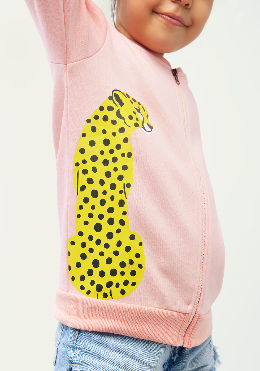 Baby Pink Fleece Bomber Jacket with Leopard Print