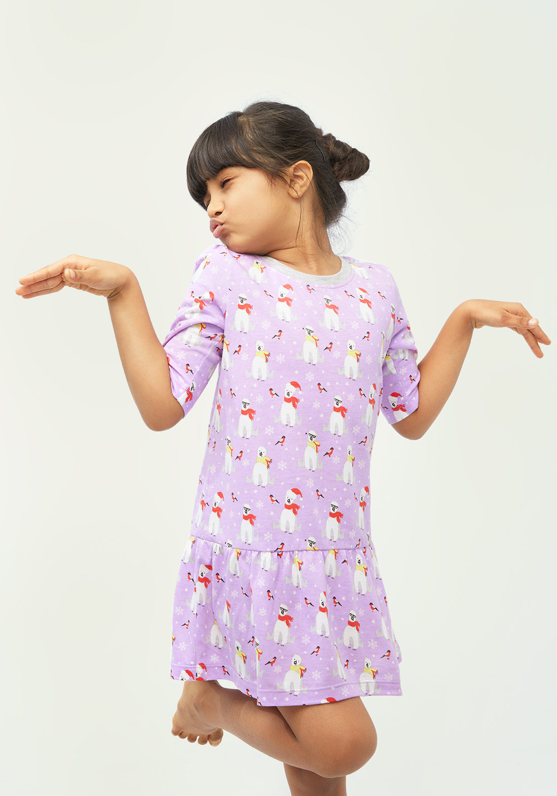 LILAC, WHITE AND RED POLAR BEAR PRINT FIT AND FLARED DRESS