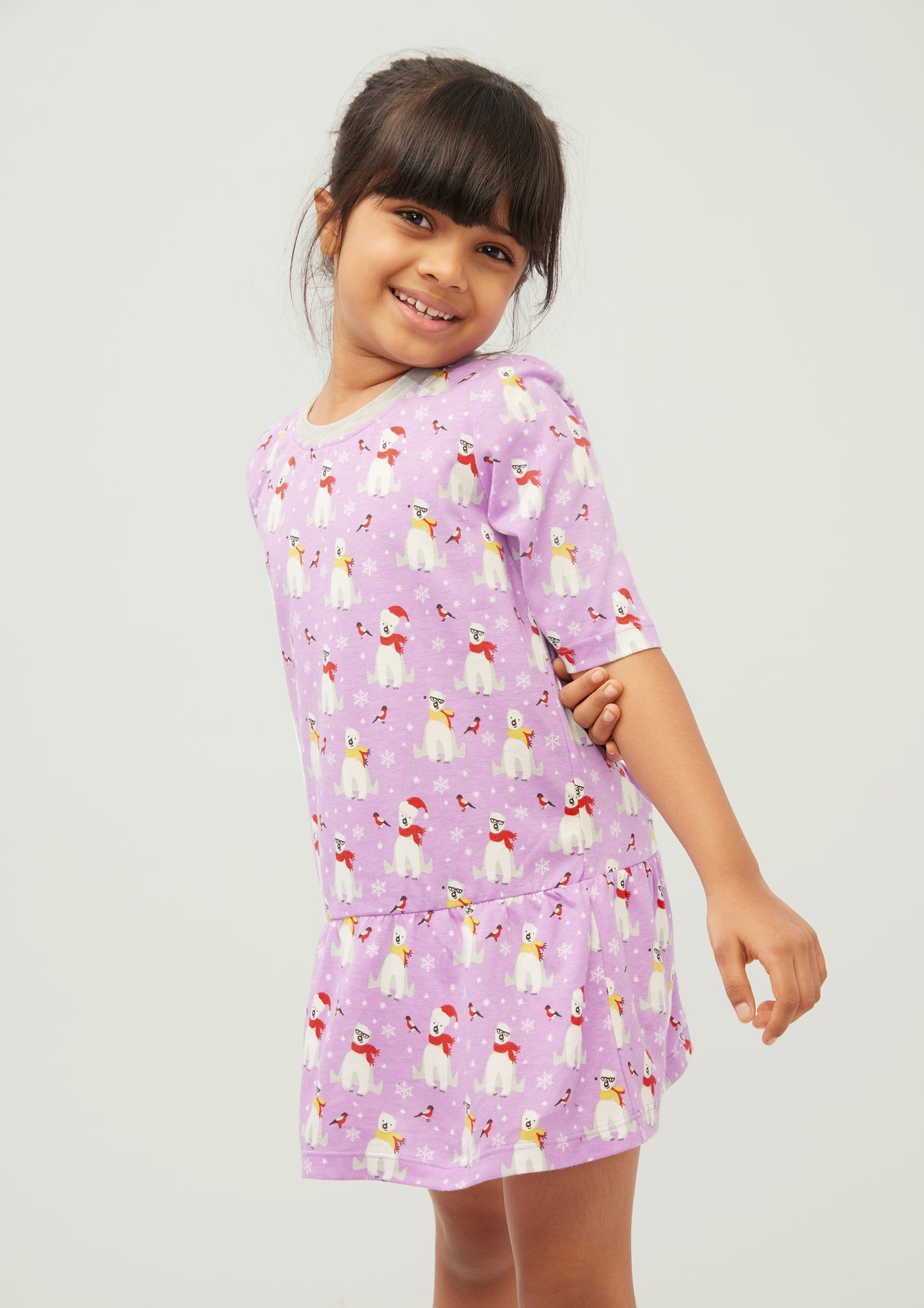 LILAC, WHITE AND RED POLAR BEAR PRINT FIT AND FLARED DRESS