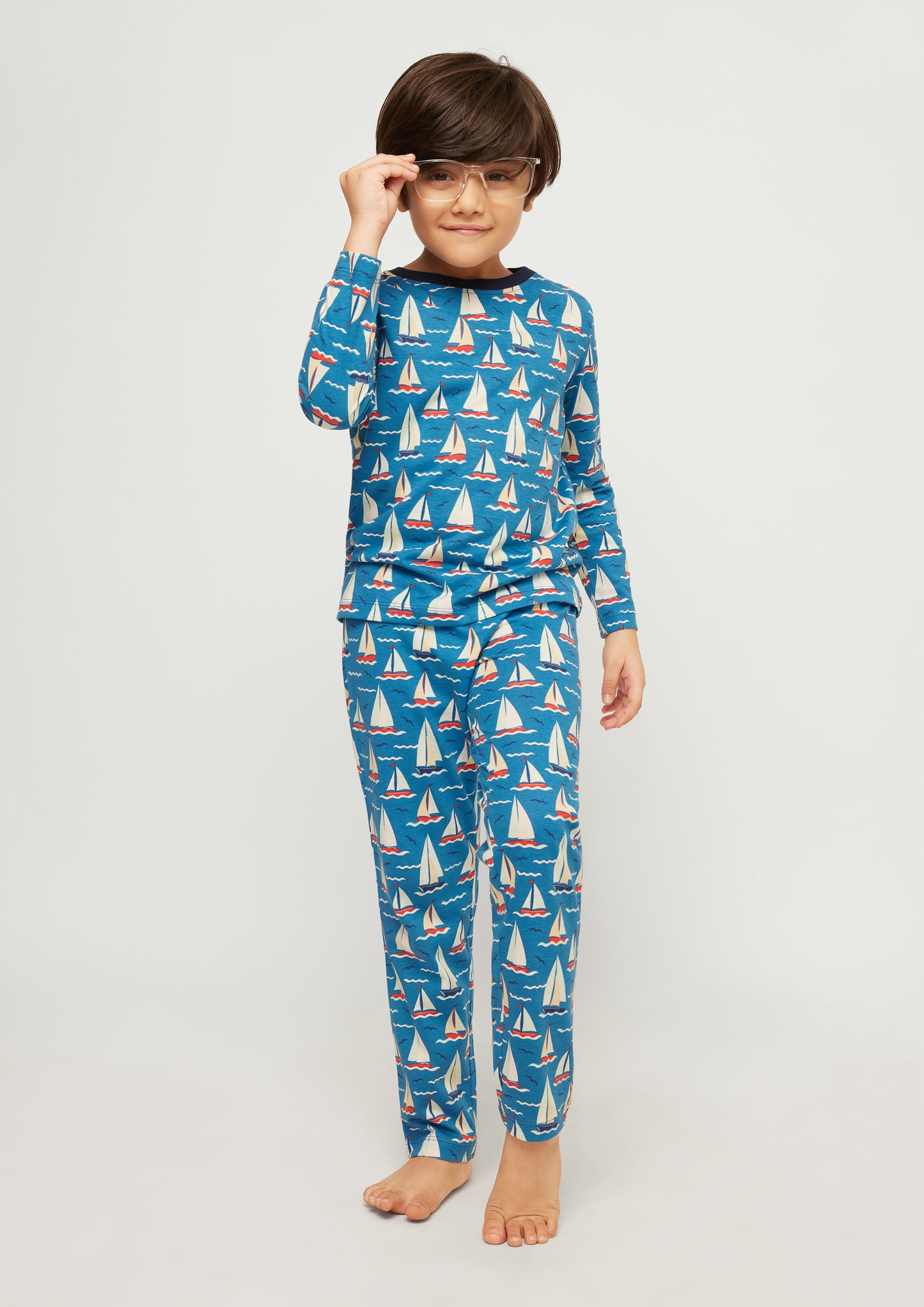 RED, WHITE AND BLUE BOAT PRINT LONG SLEEVE PAJAMA SET
