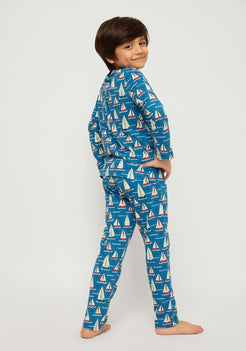 RED, WHITE AND BLUE BOAT PRINT LONG SLEEVE PAJAMA SET