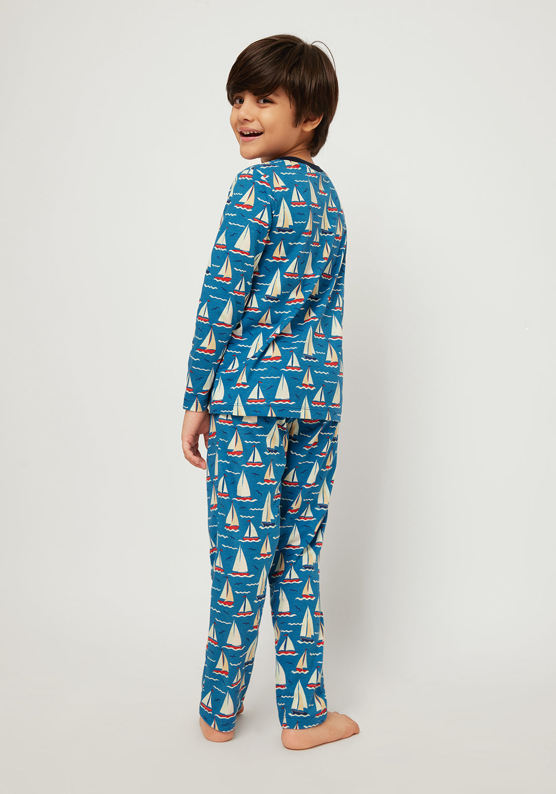 RED, WHITE AND BLUE BOAT PRINT LONG SLEEVE PAJAMA SET