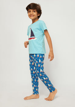 RED, BLUE AND WHITE BOAT PRINT SHORT SLEEVE PAJAMA SET