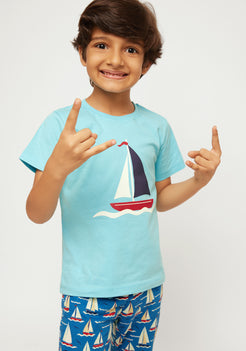 RED, BLUE AND WHITE BOAT PRINT SHORT SLEEVE PAJAMA SET