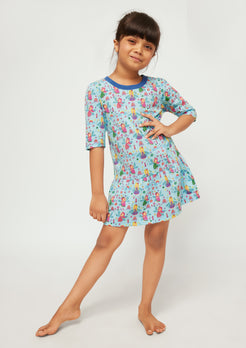 MULTICOLOR FAIRIES PRINT FIT AND FLARED DRESS