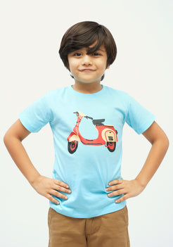 RED, YELLOW AND BLACK SCOOTER PLACEMENT PRINT Short Sleeve Tee