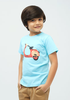 RED, YELLOW AND BLACK SCOOTER PLACEMENT PRINT Short Sleeve Tee