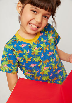 BLUE, YELLOW AND BLACK SAFARI PRINT SHORT SLEEVE PAJAMA SET