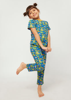 BLUE, YELLOW AND BLACK SAFARI PRINT SHORT SLEEVE PAJAMA SET