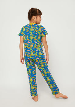 BLUE, YELLOW AND BLACK SAFARI PRINT SHORT SLEEVE PAJAMA SET