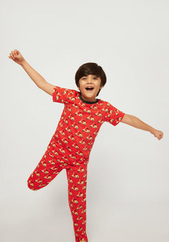 RED, YELLOW AND BLACK SCOOTER PRINT SHORT SLEEVE PAJAMA SET