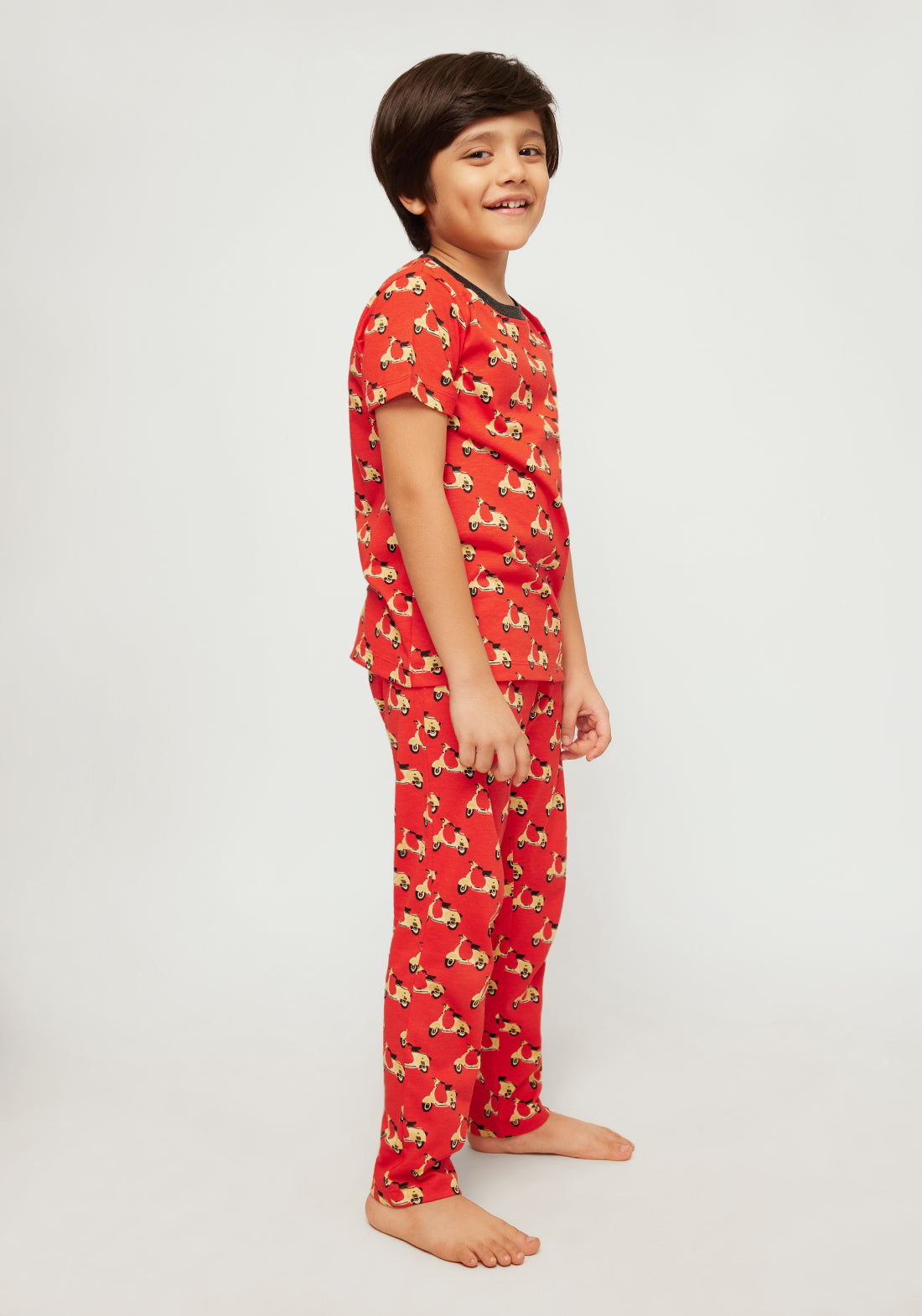 RED, YELLOW AND BLACK SCOOTER PRINT SHORT SLEEVE PAJAMA SET
