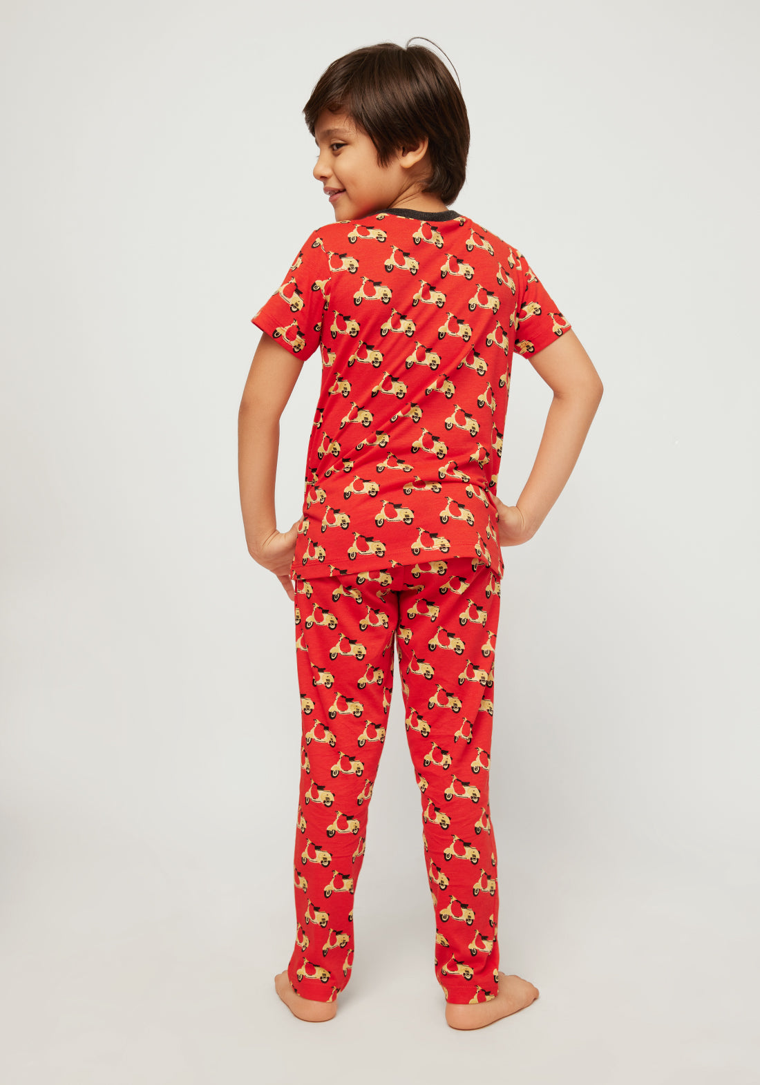 RED, YELLOW AND BLACK SCOOTER PRINT SHORT SLEEVE PAJAMA SET