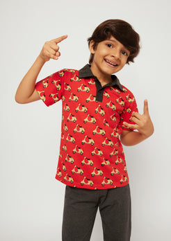 RED, BLACK AND YELLOW SCOOTER PRINT POLO T-SHIRT